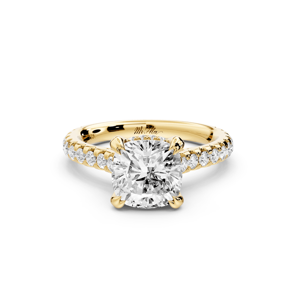 Isabella - 2ct 14k yellow gold cushion hidden halo diamond bridge cathedral pavé engagement ring - Mr. Alex Jewelry