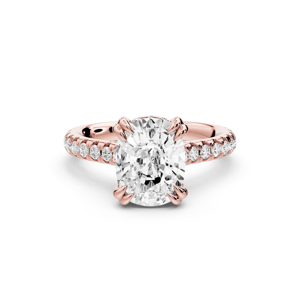 Isabella - 3ct 14k rose gold ecushion hidden halo diamond bridge cathedral pavé engagement ring - Mr. Alex Jewelry