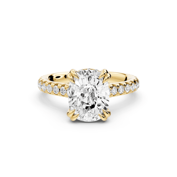 Isabella - 3ct 14k yellow gold ecushion hidden halo diamond bridge cathedral pavé engagement ring - Mr. Alex Jewelry
