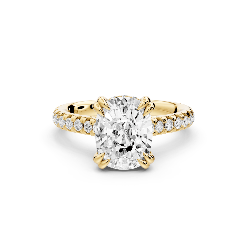 Isabella - 3ct 14k yellow gold ecushion hidden halo diamond bridge cathedral pavé engagement ring - Mr. Alex Jewelry