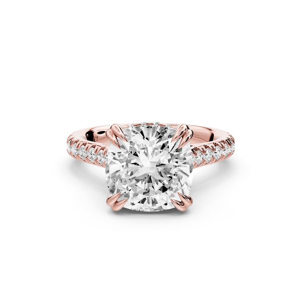 Isabella - 4ct 14k rose gold cushion hidden halo diamond bridge cathedral pavé engagement ring - Mr. Alex Jewelry