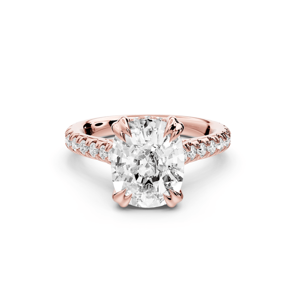 Isabella - 4ct 14k rose gold ecushion hidden halo diamond bridge cathedral pavé engagement ring - Mr. Alex Jewelry