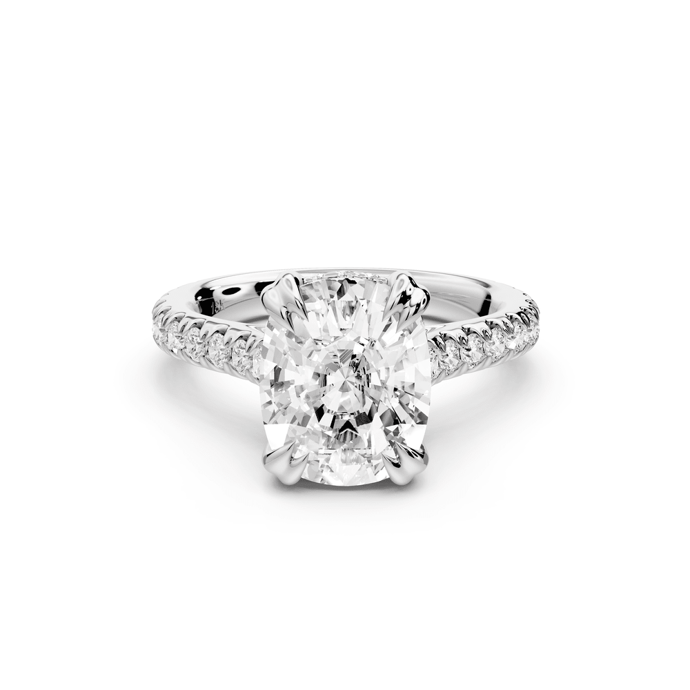 Isabella - 4ct 14k white gold ecushion hidden halo diamond bridge cathedral pavé engagement ring - Mr. Alex Jewelry