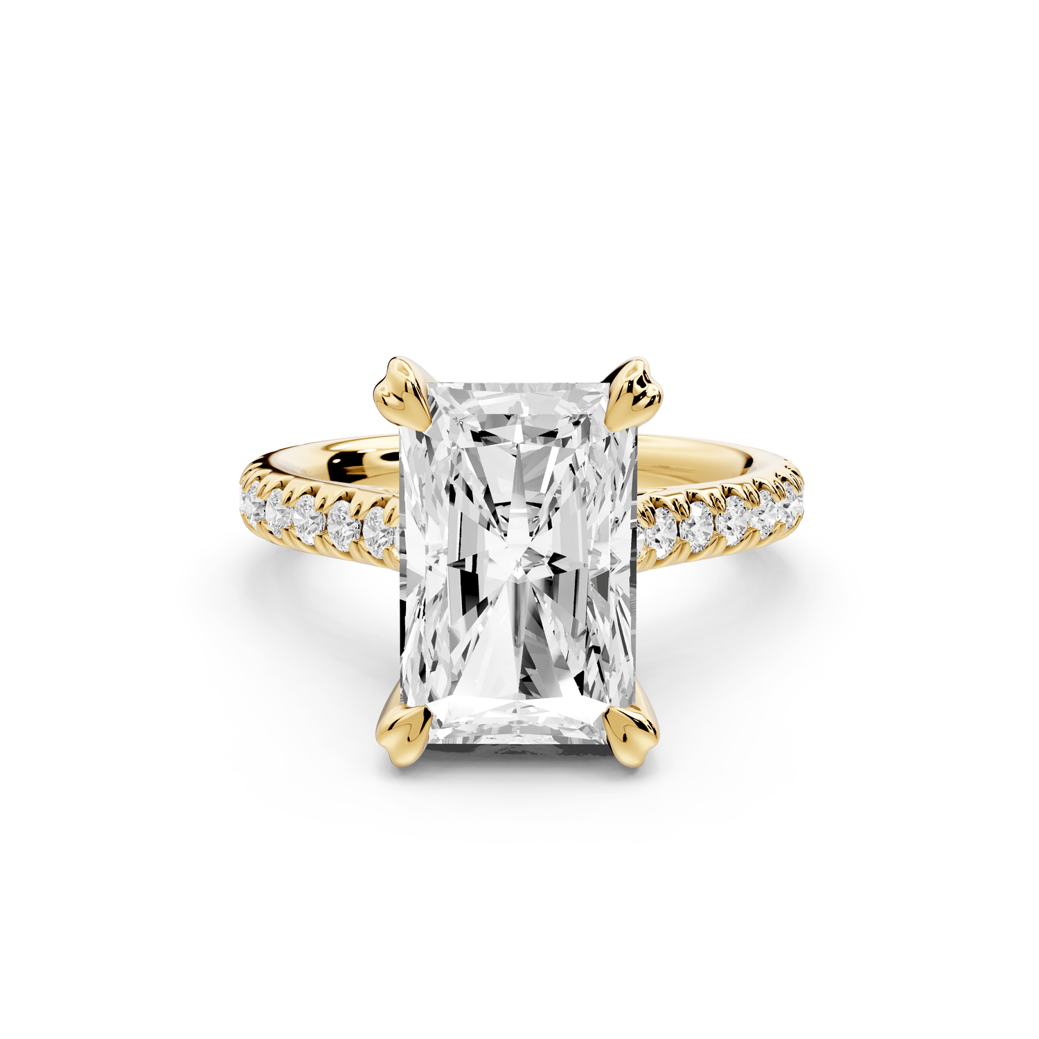Isabella - 4ct 14k yellow gold radiant hidden halo diamond bridge cathedral pavé engagement ring - Mr. Alex Jewelry