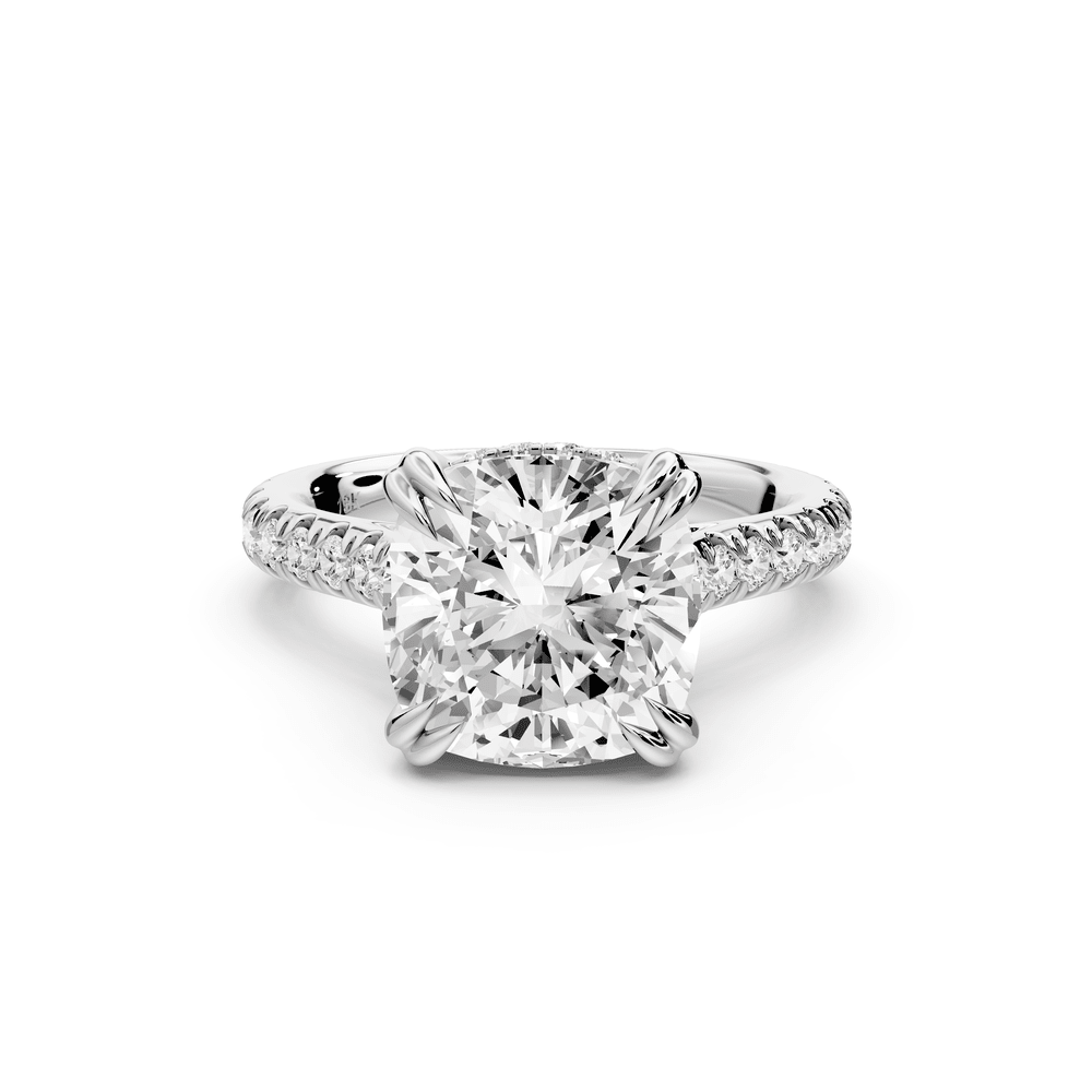 Isabella - 4ct platinum cushion hidden halo diamond bridge cathedral pavé engagement ring - Mr. Alex Jewelry