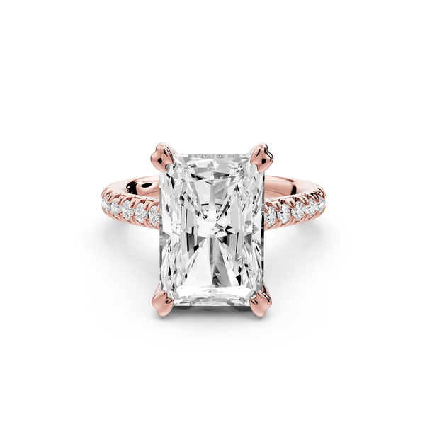 Isabella - 5ct 14k rose gold radiant hidden halo diamond bridge cathedral pavé engagement ring - Mr. Alex Jewelry