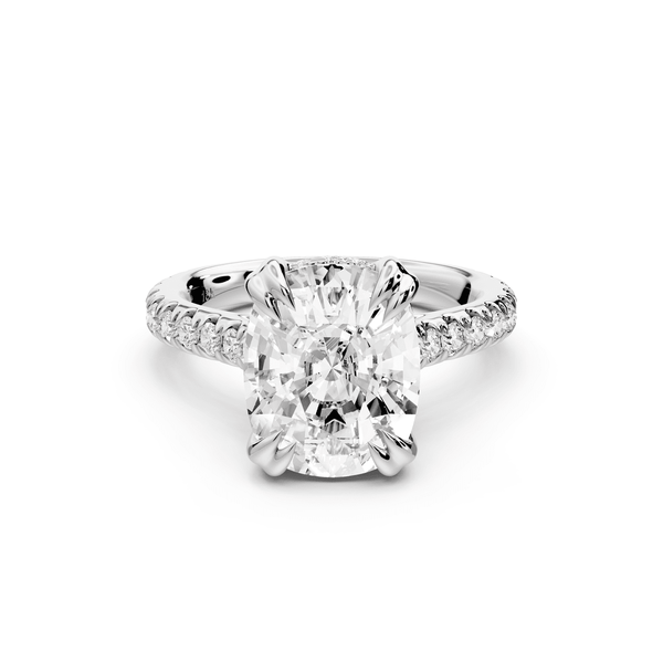 Isabella - 5ct 14k white gold ecushion hidden halo diamond bridge cathedral pavé engagement ring - Mr. Alex Jewelry