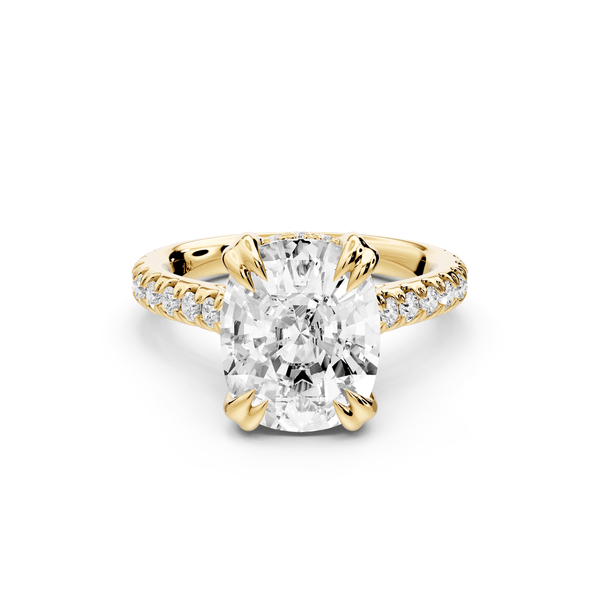Isabella - 5ct 14k yellow gold ecushion hidden halo diamond bridge cathedral pavé engagement ring - Mr. Alex Jewelry