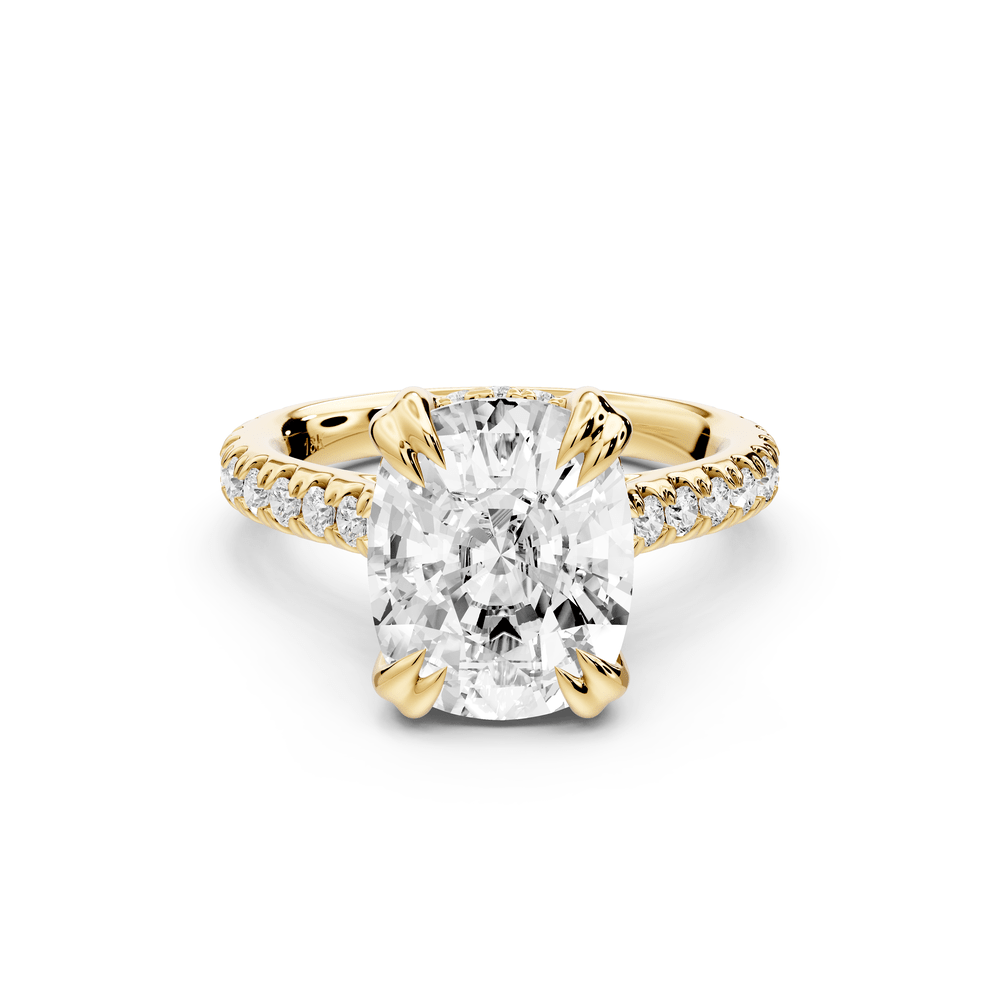 Isabella - 5ct 18k yellow gold ecushion hidden halo diamond bridge cathedral pavé engagement ring - Mr. Alex Jewelry