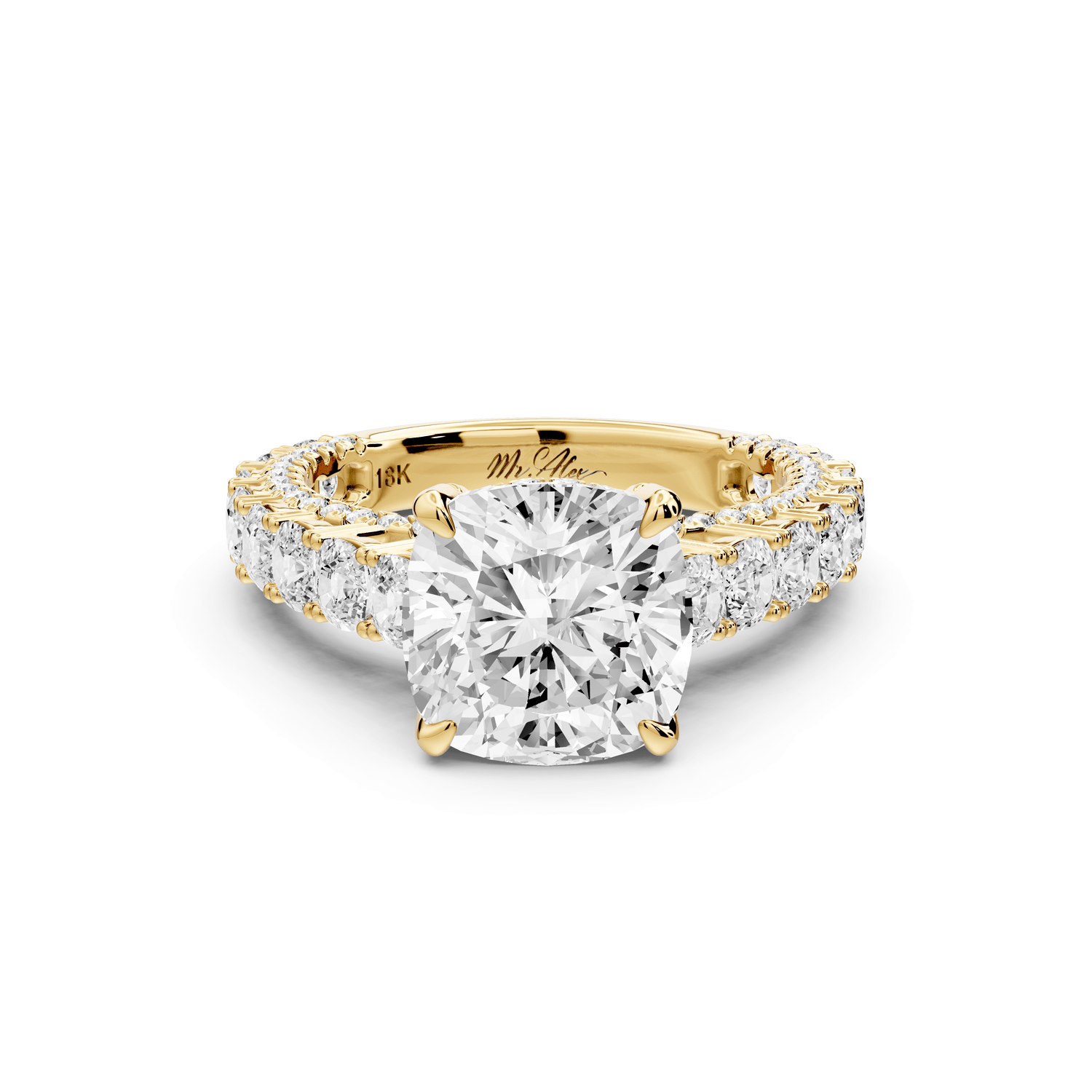 Ivy - 3ct 14k yellow gold cushion Diamond Crown Cathedral Rollover Pavé Engagement Ring - Mr. Alex Jewelry