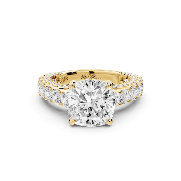 Ivy - 3ct 14k yellow gold cushion Diamond Crown Cathedral Rollover Pavé Engagement Ring - Mr. Alex Jewelry