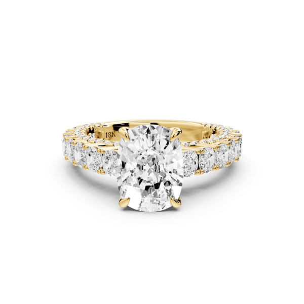 Ivy - 3ct 14k yellow gold ecushion Diamond Crown Cathedral Rollover Pavé Engagement Ring - Mr. Alex Jewelry