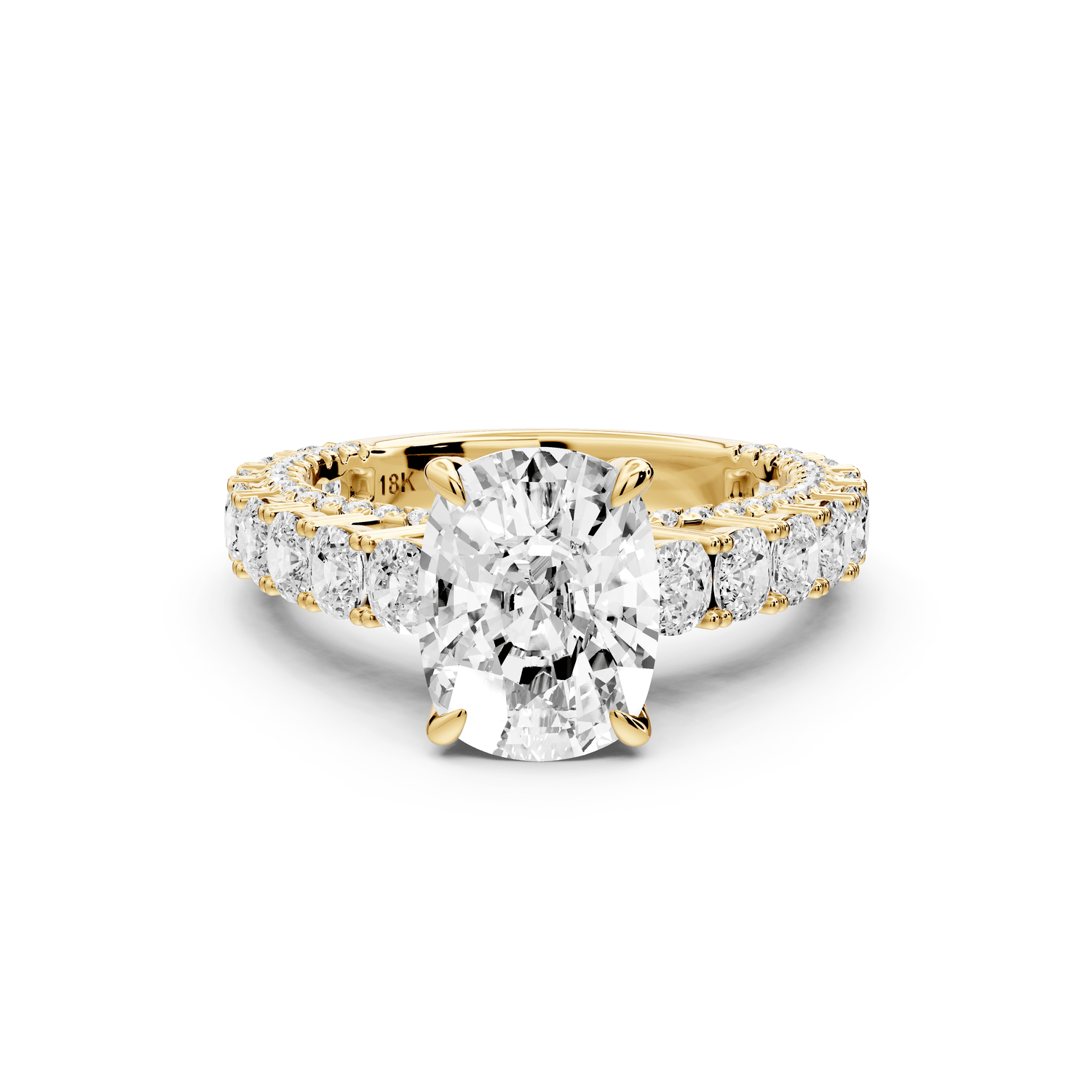 Ivy - 3ct 18k yellow gold ecushion Diamond Crown Cathedral Rollover Pavé Engagement Ring - Mr. Alex Jewelry