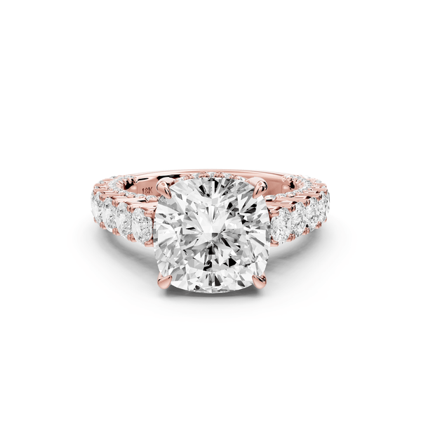 Ivy - 4ct 14k rose gold cushion Diamond Crown Cathedral Rollover Pavé Engagement Ring - Mr. Alex Jewelry