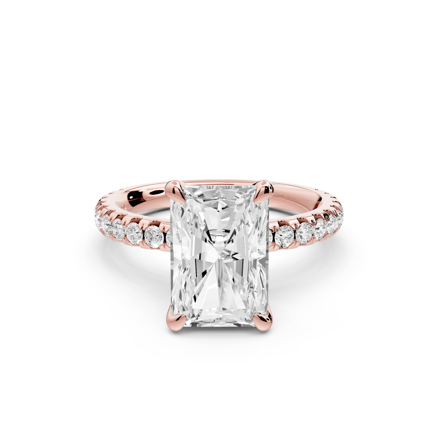 Jade - 3ct 14k rose gold radiant hidden halo diamond crown and bridge pavé engagement ring - Mr. Alex Jewelry