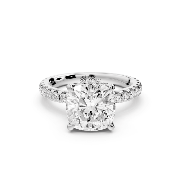 Jade - 3ct 14k white gold cushion hidden halo diamond crown and bridge pavé engagement ring - Mr. Alex Jewelry