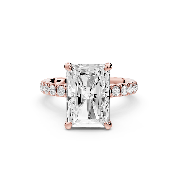 Jade - 4ct 14k rose gold radiant hidden halo diamond crown and bridge pavé engagement ring - Mr. Alex Jewelry