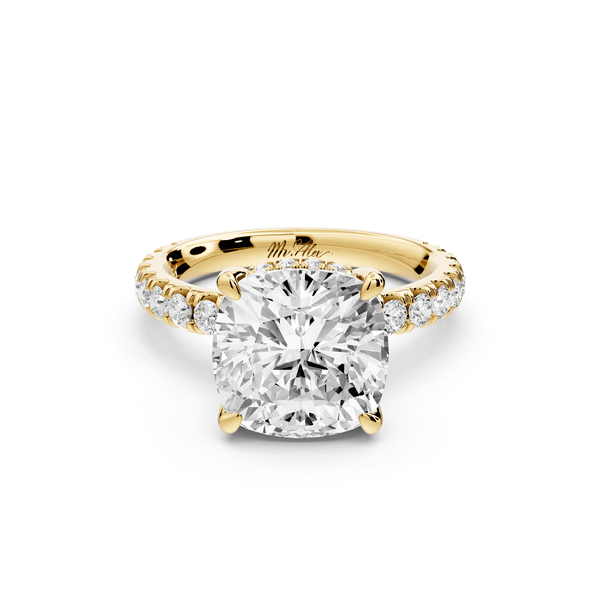 Jade - 4ct 14k yellow gold cushion hidden halo diamond crown and bridge pavé engagement ring - Mr. Alex Jewelry