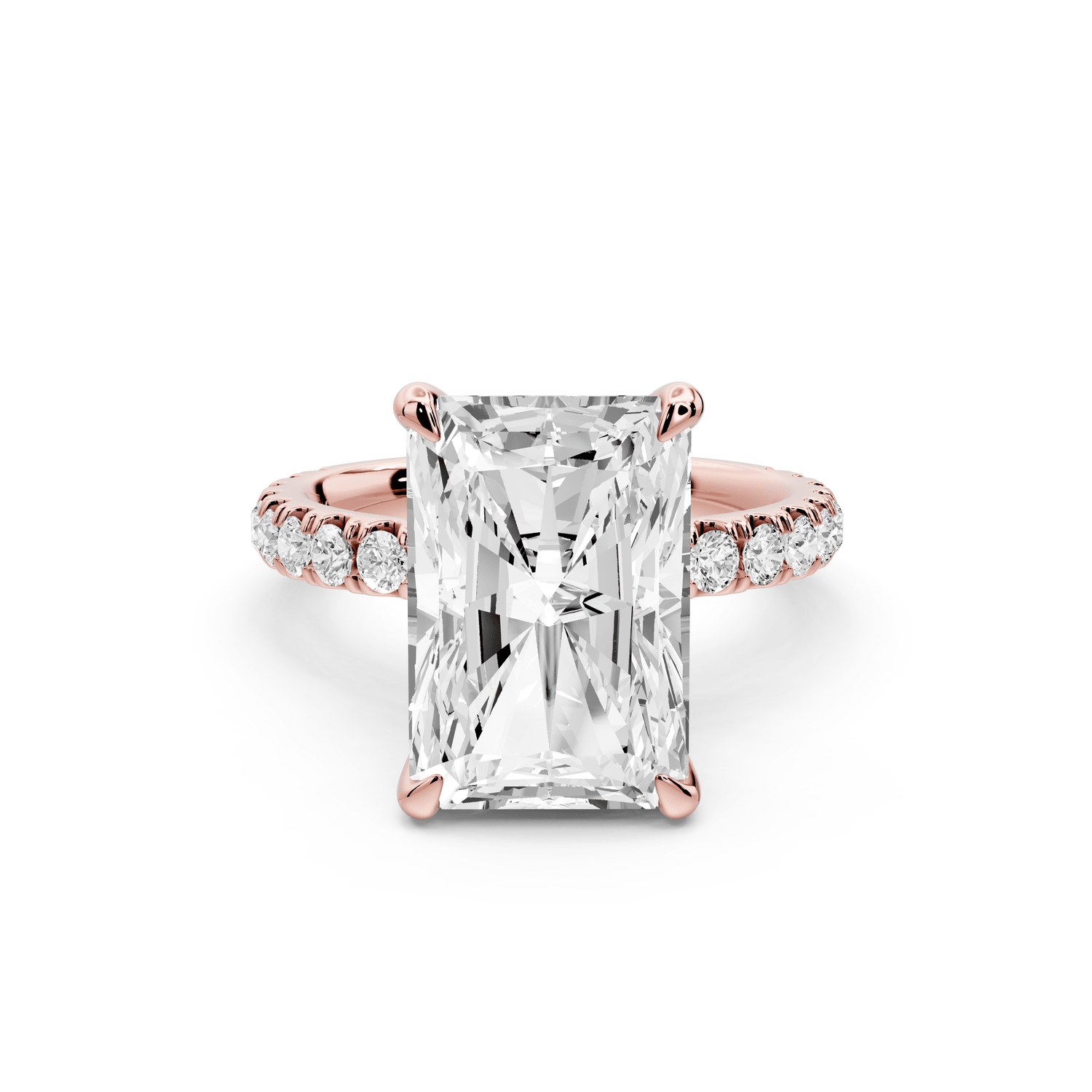 Jade - 5ct 18k rose gold radiant hidden halo diamond crown and bridge pavé engagement ring - Mr. Alex Jewelry