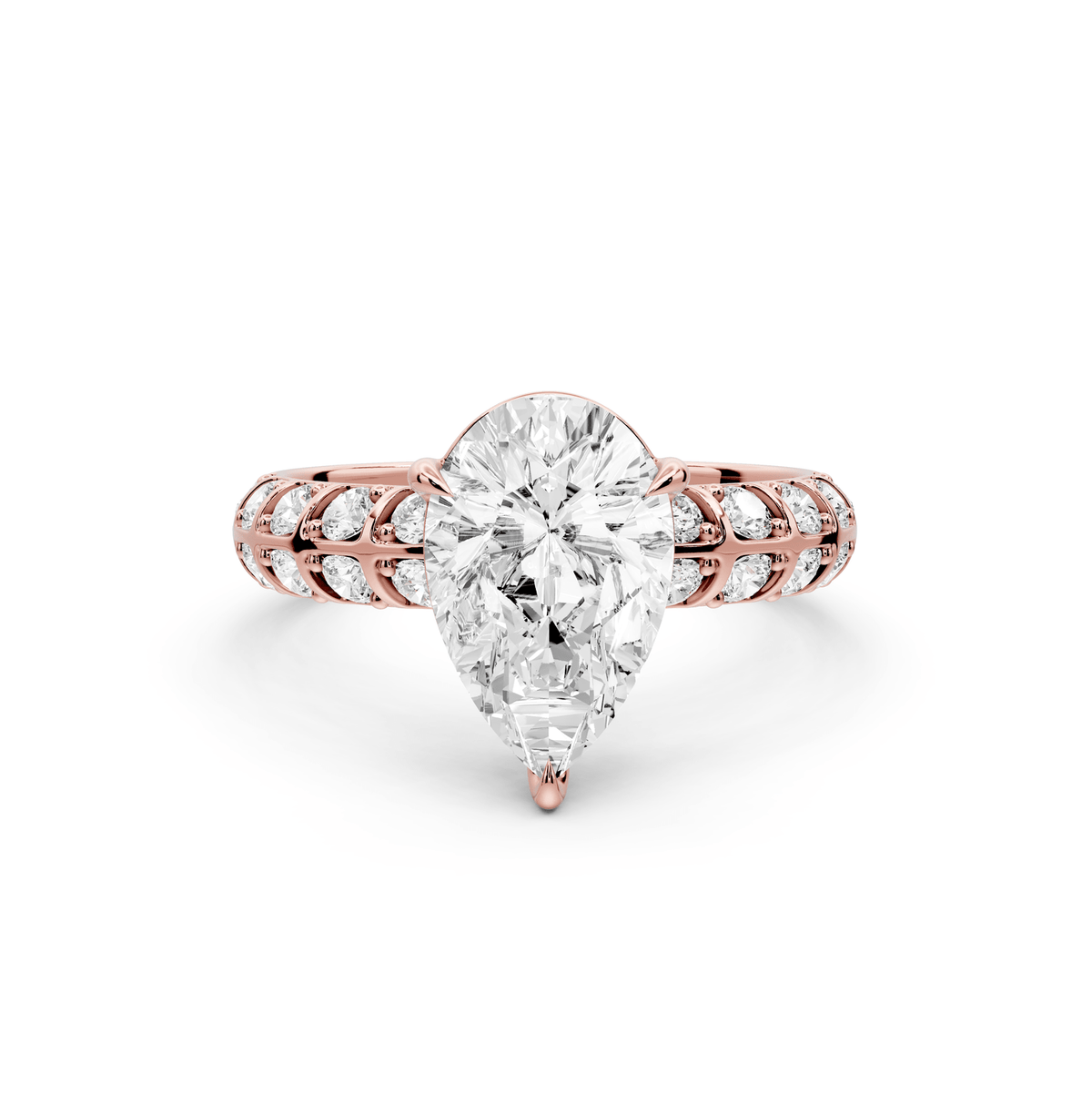 Jessica - 2ct 18k rose gold Pear Split-Shank Engagement Ring with Double-Row Shared-Prong Pavé Band - Mr. Alex Jewelry