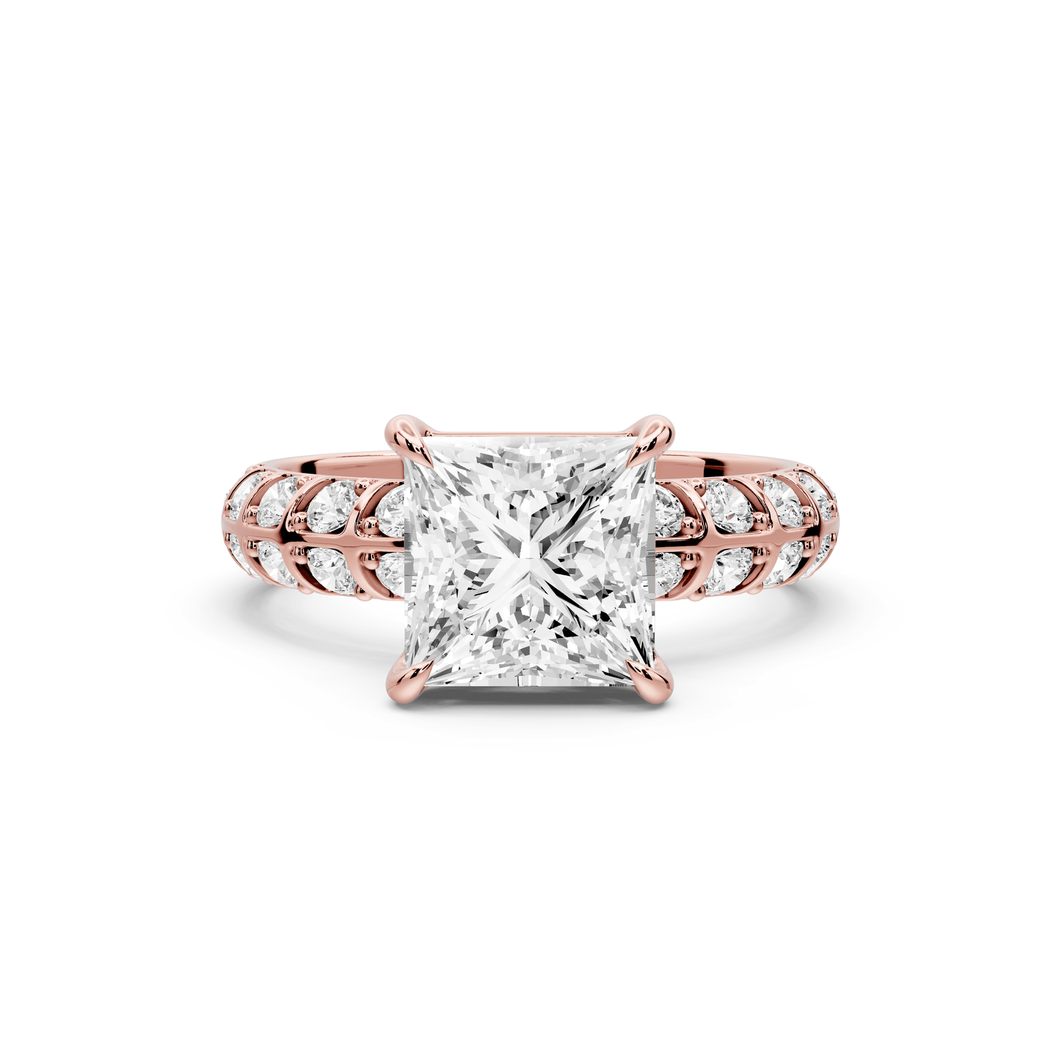 Jessica - 2ct 18k rose gold Princess Split-Shank Engagement Ring with Double-Row Shared-Prong Pavé Band - Mr. Alex Jewelry