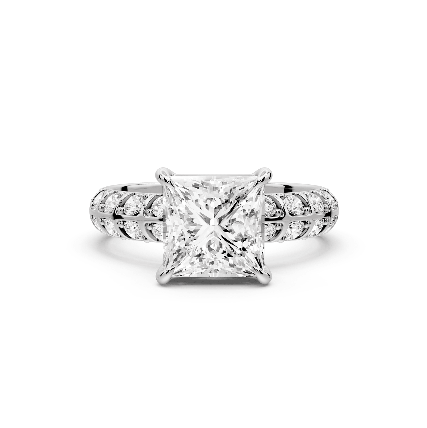 Jessica - 2ct 18k white gold Princess Split-Shank Engagement Ring with Double-Row Shared-Prong Pavé Band - Mr. Alex Jewelry