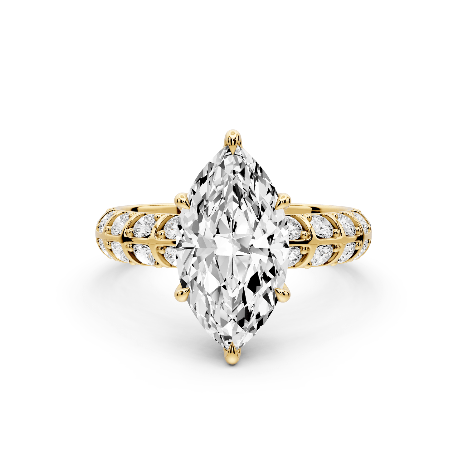 Jessica - 2ct 18k yellow gold Marquise Split-Shank Engagement Ring with Double-Row Shared-Prong Pavé Band - Mr. Alex Jewelry