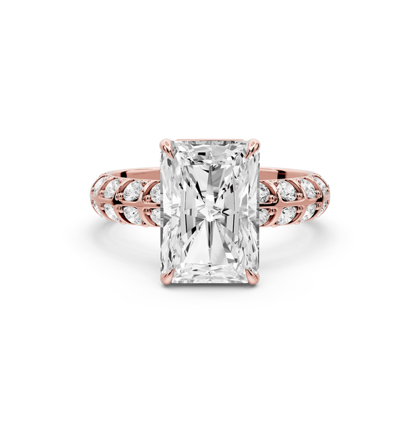 Jessica - 3ct 14k rose gold Radiant Split-Shank Engagement Ring with Double-Row Shared-Prong Pavé Band - Mr. Alex Jewelry