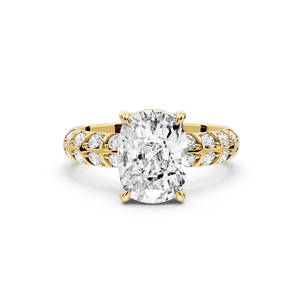 Jessica - 3ct 14k yellow gold Ecushion Split-Shank Engagement Ring with Double-Row Shared-Prong Pavé Band - Mr. Alex Jewelry