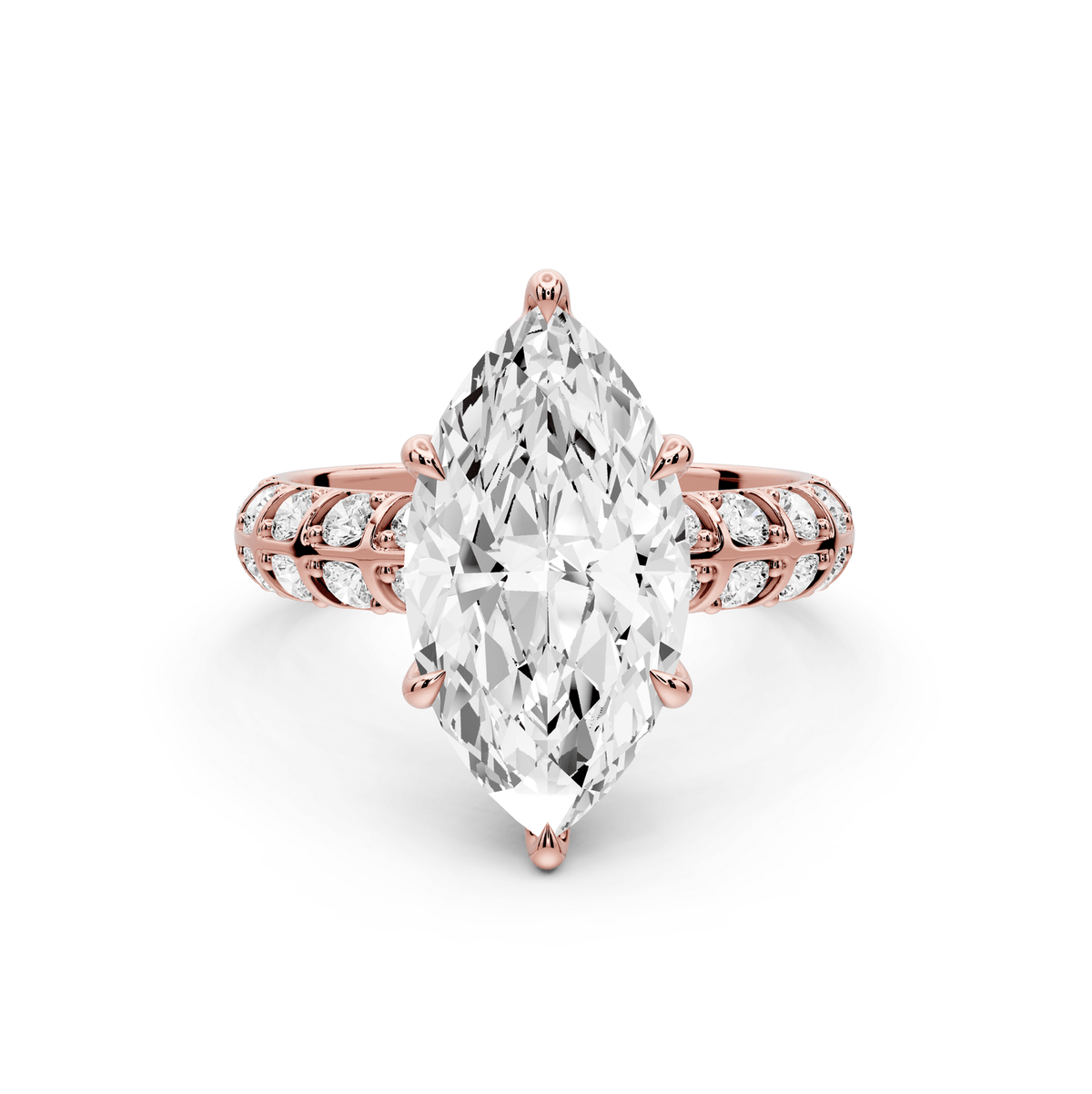 Jessica - 3ct 18k rose gold Marquise Split-Shank Engagement Ring with Double-Row Shared-Prong Pavé Band - Mr. Alex Jewelry