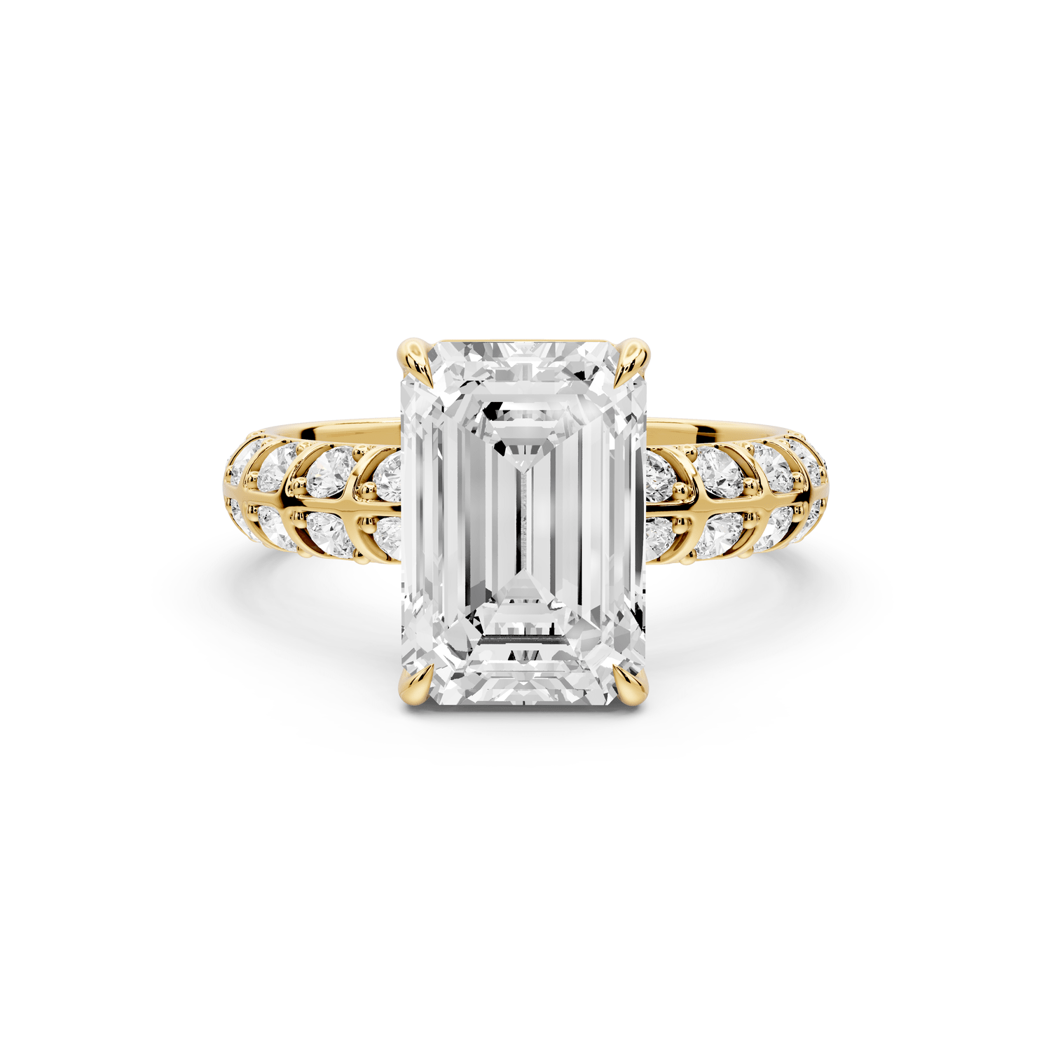 Jessica - 3ct 18k yellow gold Emerald Split-Shank Engagement Ring with Double-Row Shared-Prong Pavé Band - Mr. Alex Jewelry