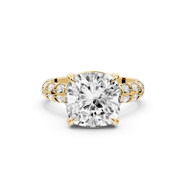 Jessica - 4ct 14k yellow gold Cushion Split-Shank Engagement Ring with Double-Row Shared-Prong Pavé Band - Mr. Alex Jewelry