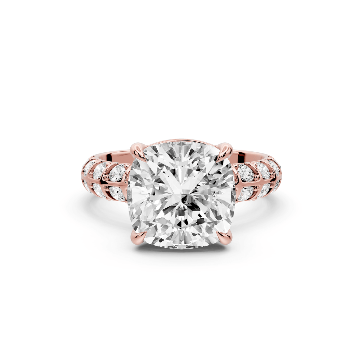 Jessica - 4ct 18k rose gold Cushion Split-Shank Engagement Ring with Double-Row Shared-Prong Pavé Band - Mr. Alex Jewelry