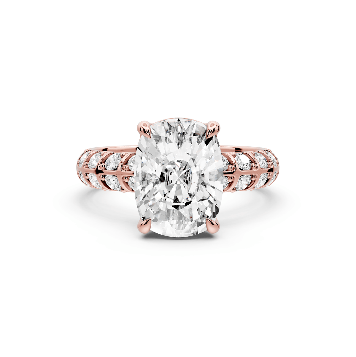 Jessica - 4ct 18k rose gold Ecushion Split-Shank Engagement Ring with Double-Row Shared-Prong Pavé Band - Mr. Alex Jewelry