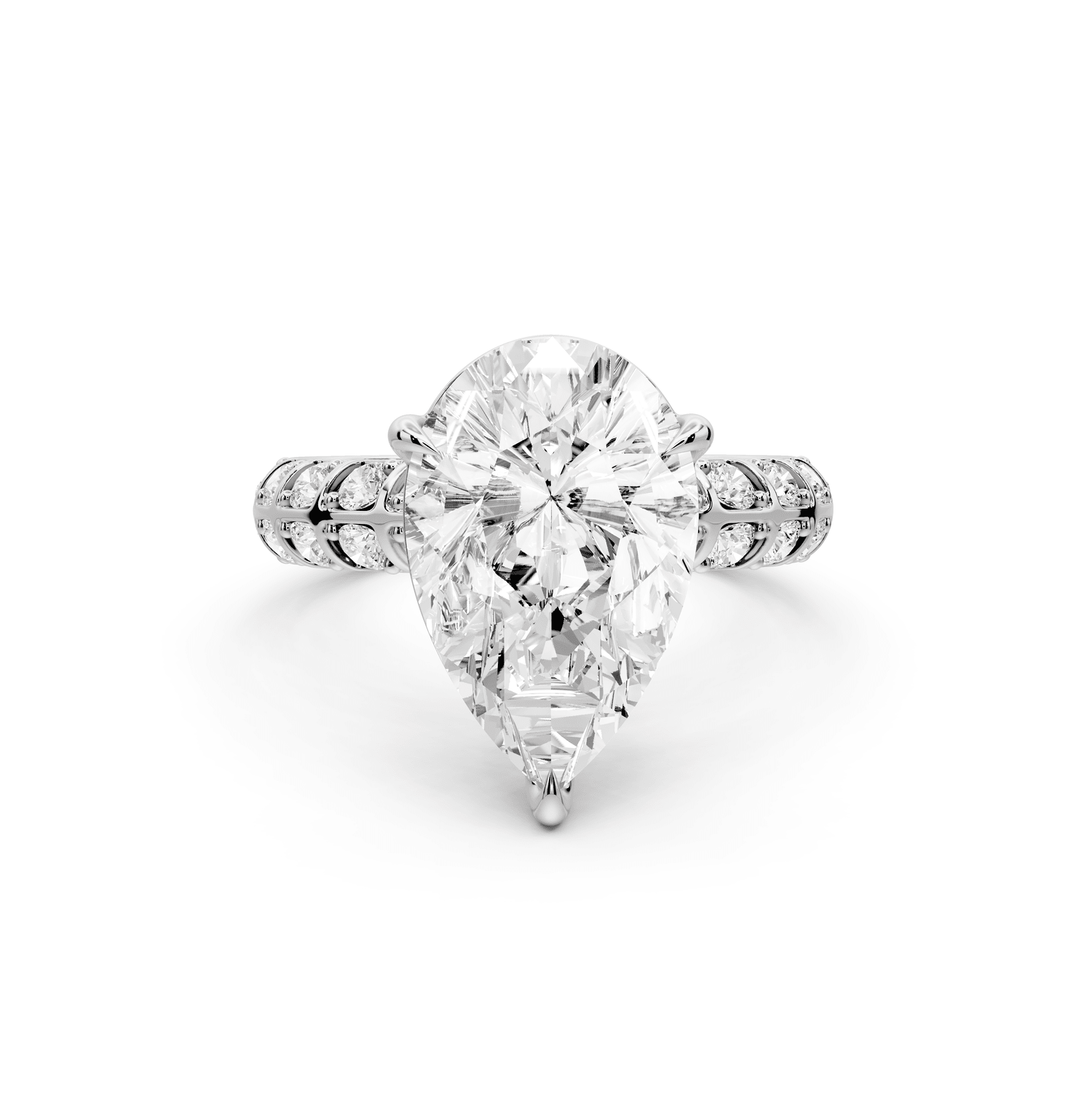 Jessica - 4ct 18k white gold Pear Split-Shank Engagement Ring with Double-Row Shared-Prong Pavé Band - Mr. Alex Jewelry