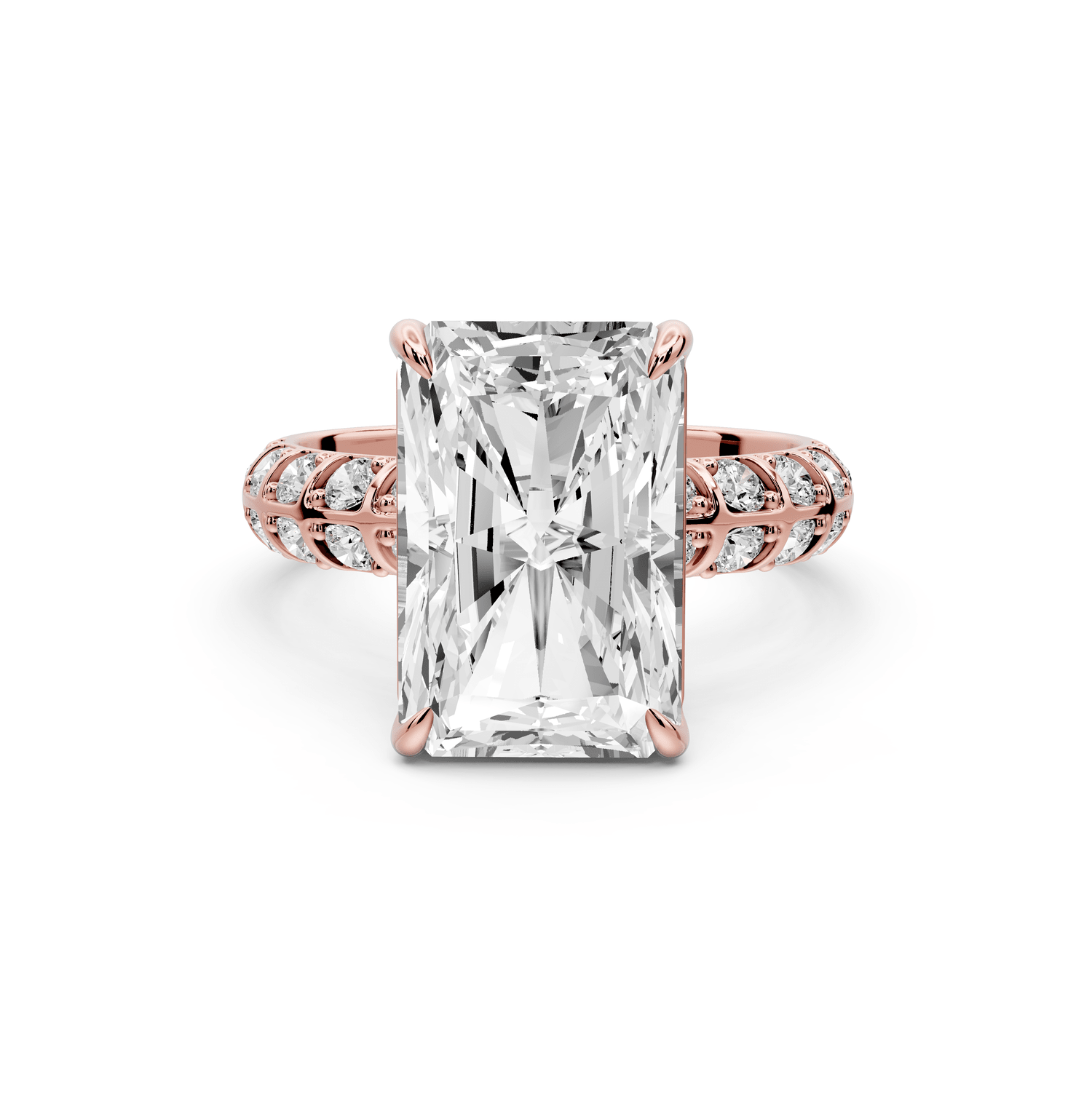 Jessica - 5ct 18k rose gold Radiant Split-Shank Engagement Ring with Double-Row Shared-Prong Pavé Band - Mr. Alex Jewelry