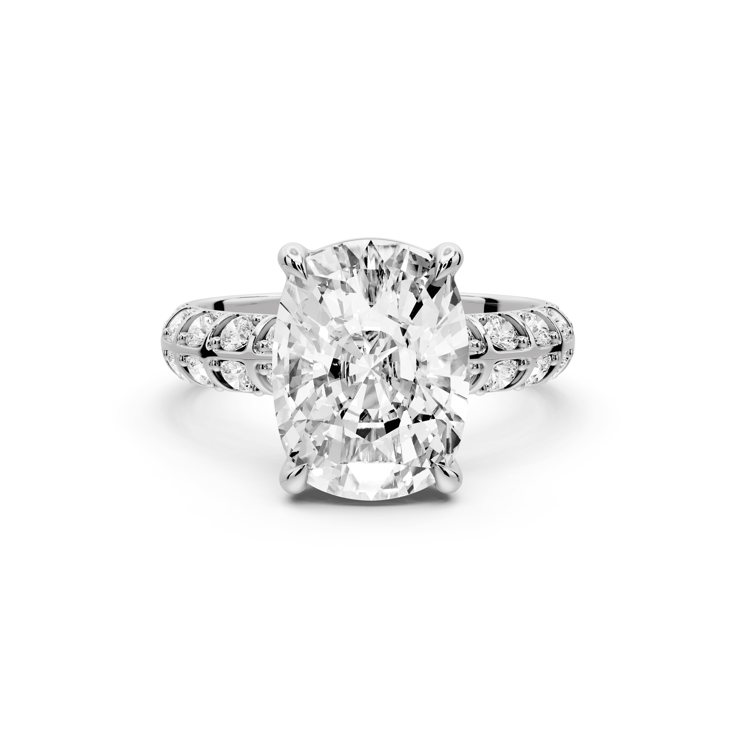 Jessica - 5ct 18k white gold Ecushion Split-Shank Engagement Ring with Double-Row Shared-Prong Pavé Band - Mr. Alex Jewelry