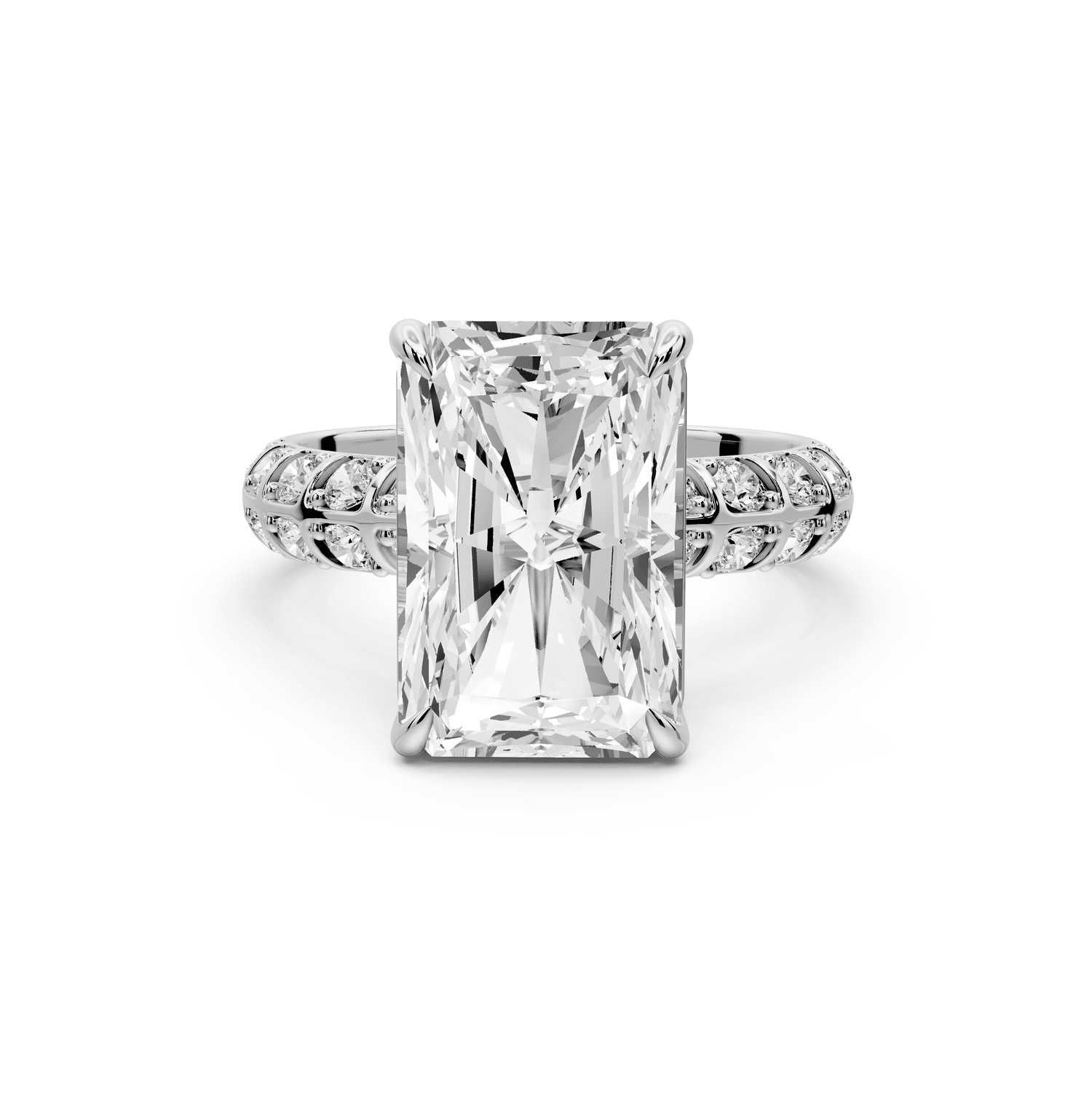 Jessica - 5ct 18k white gold Radiant Split-Shank Engagement Ring with Double-Row Shared-Prong Pavé Band - Mr. Alex Jewelry