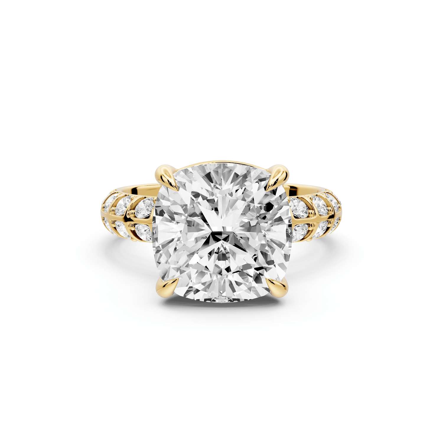 Jessica - 5ct 18k yellow gold Cushion Split-Shank Engagement Ring with Double-Row Shared-Prong Pavé Band - Mr. Alex Jewelry