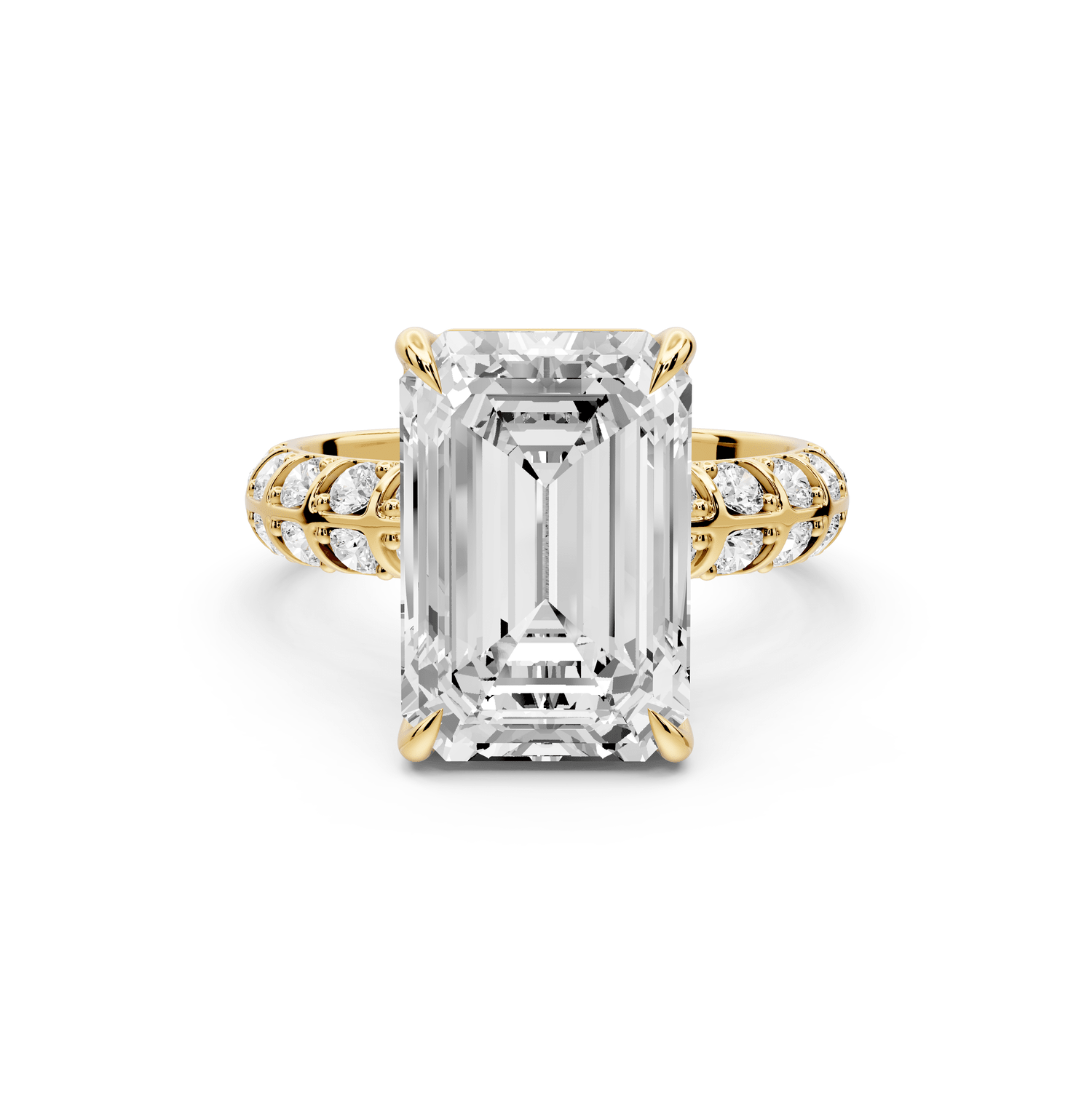 Jessica - 5ct 18k yellow gold Emerald Split-Shank Engagement Ring with Double-Row Shared-Prong Pavé Band - Mr. Alex Jewelry