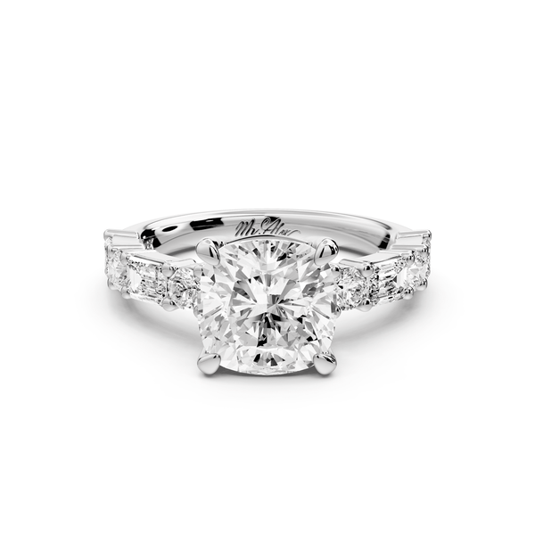 Juliette - 2ct 14k white gold cushion with Alternating Round and Emerald 8 - Stone Band Engagement Ring - Mr. Alex Jewelry