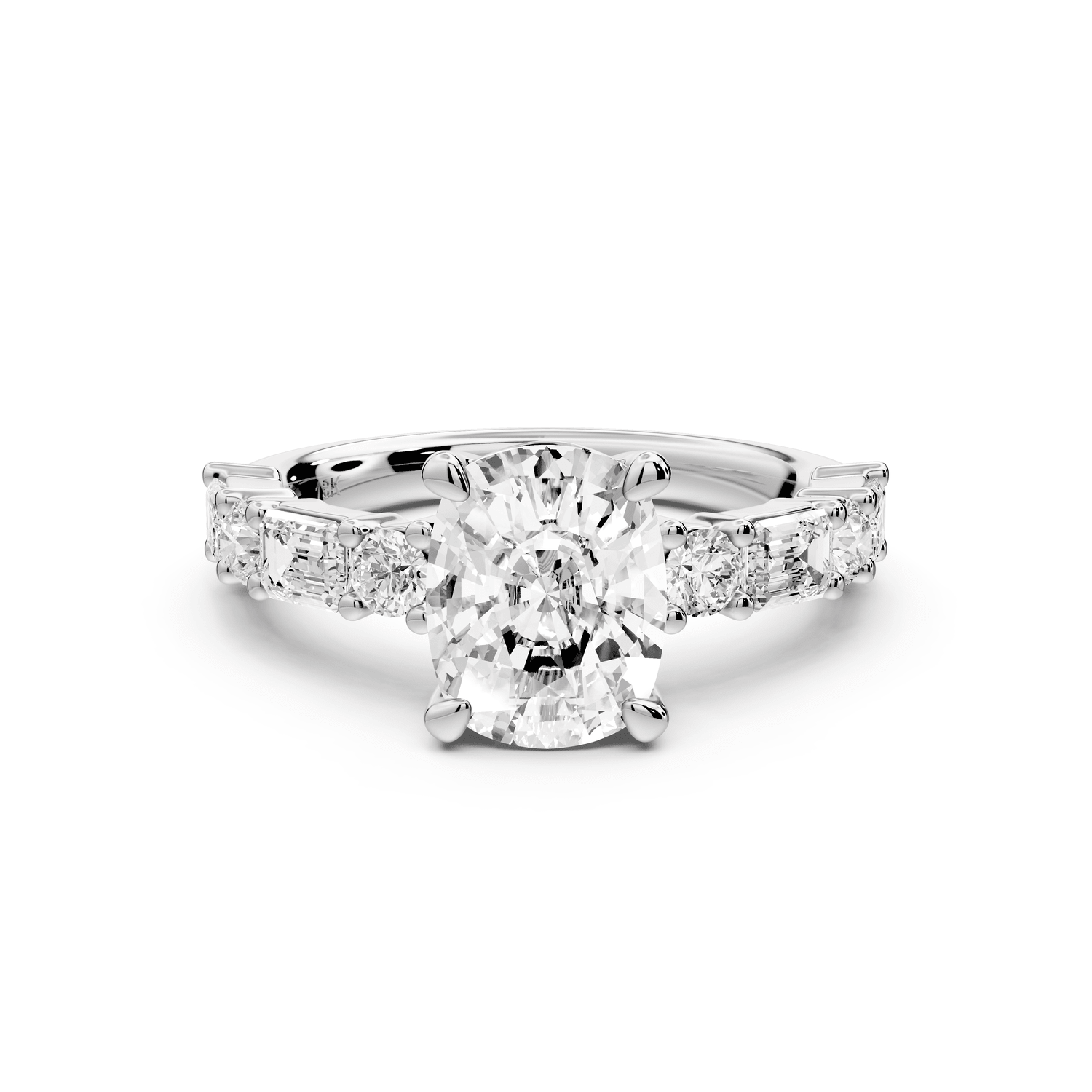 Juliette - 2ct 14k white gold ecushion with Alternating Round and Emerald 8 - Stone Band Engagement Ring - Mr. Alex Jewelry