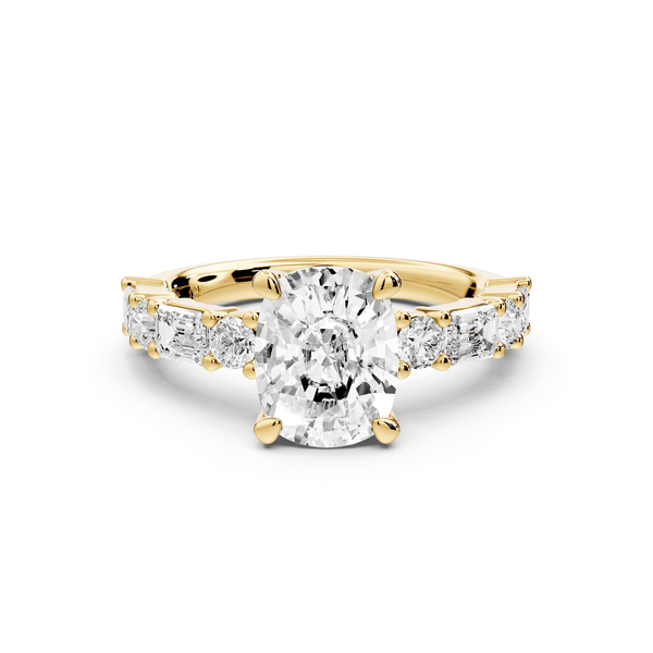 Juliette - 2ct 14k yellow gold ecushion with Alternating Round and Emerald 8 - Stone Band Engagement Ring - Mr. Alex Jewelry