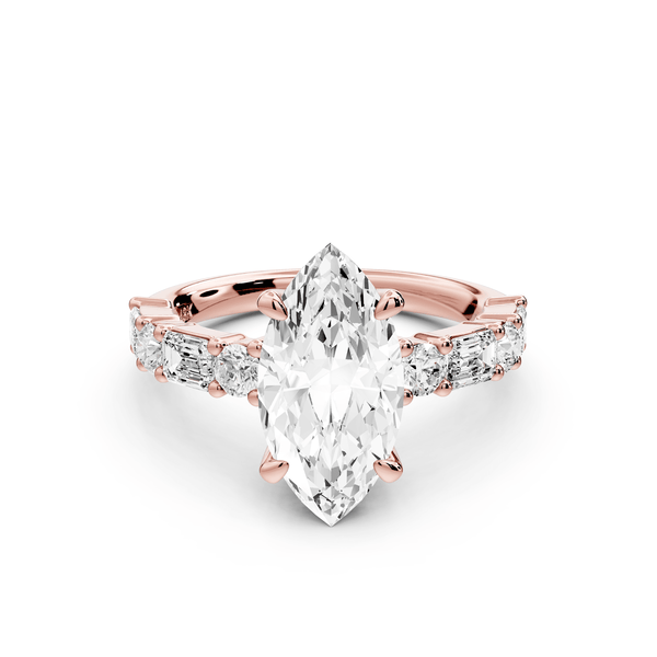 Juliette - 2ct 18k rose gold marquise with Alternating Round and Emerald 8 - Stone Band Engagement Ring - Mr. Alex Jewelry