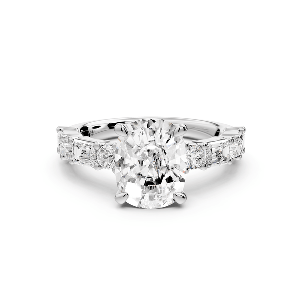 Juliette - 3ct 14k white gold ecushion with Alternating Round and Emerald 8 - Stone Band Engagement Ring - Mr. Alex Jewelry