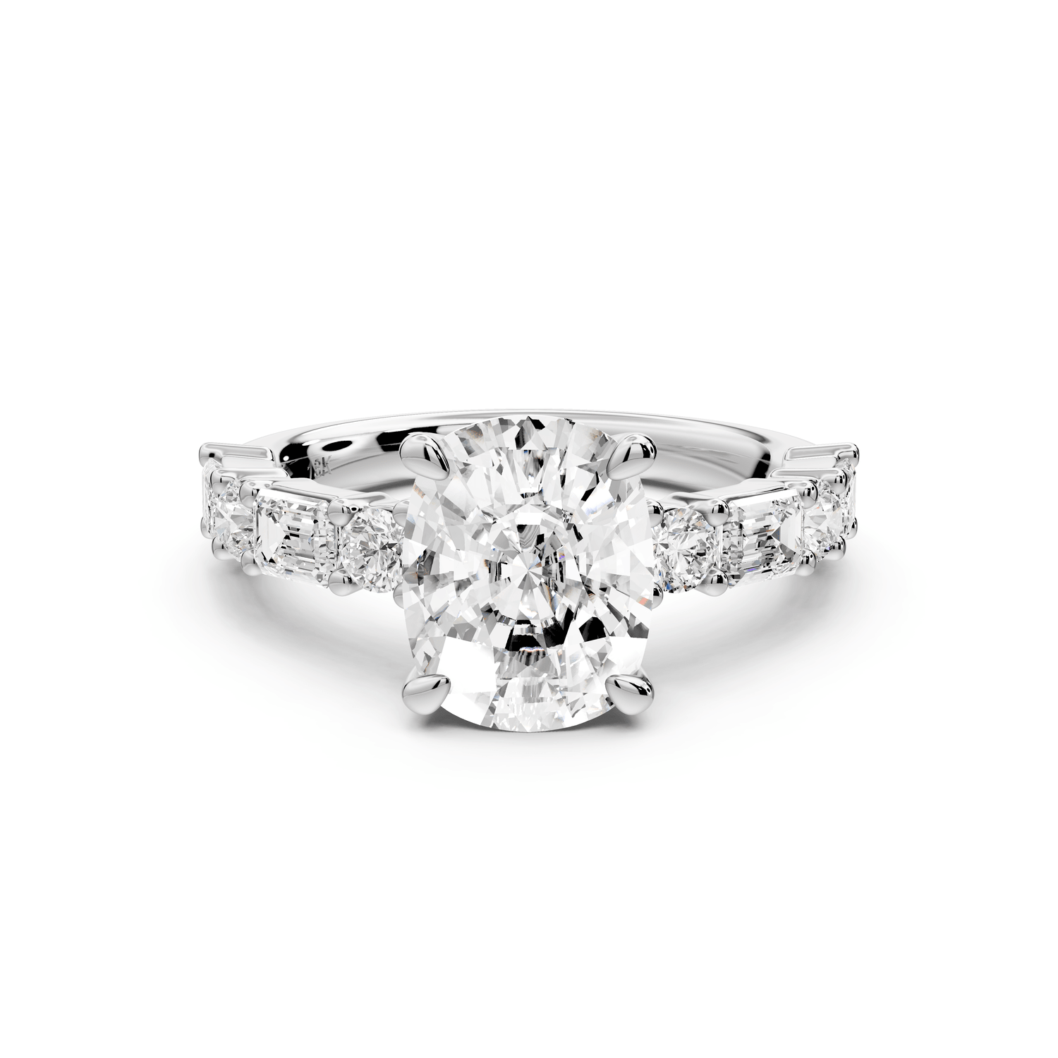 Juliette - 3ct 18k white gold ecushion with Alternating Round and Emerald 8 - Stone Band Engagement Ring - Mr. Alex Jewelry