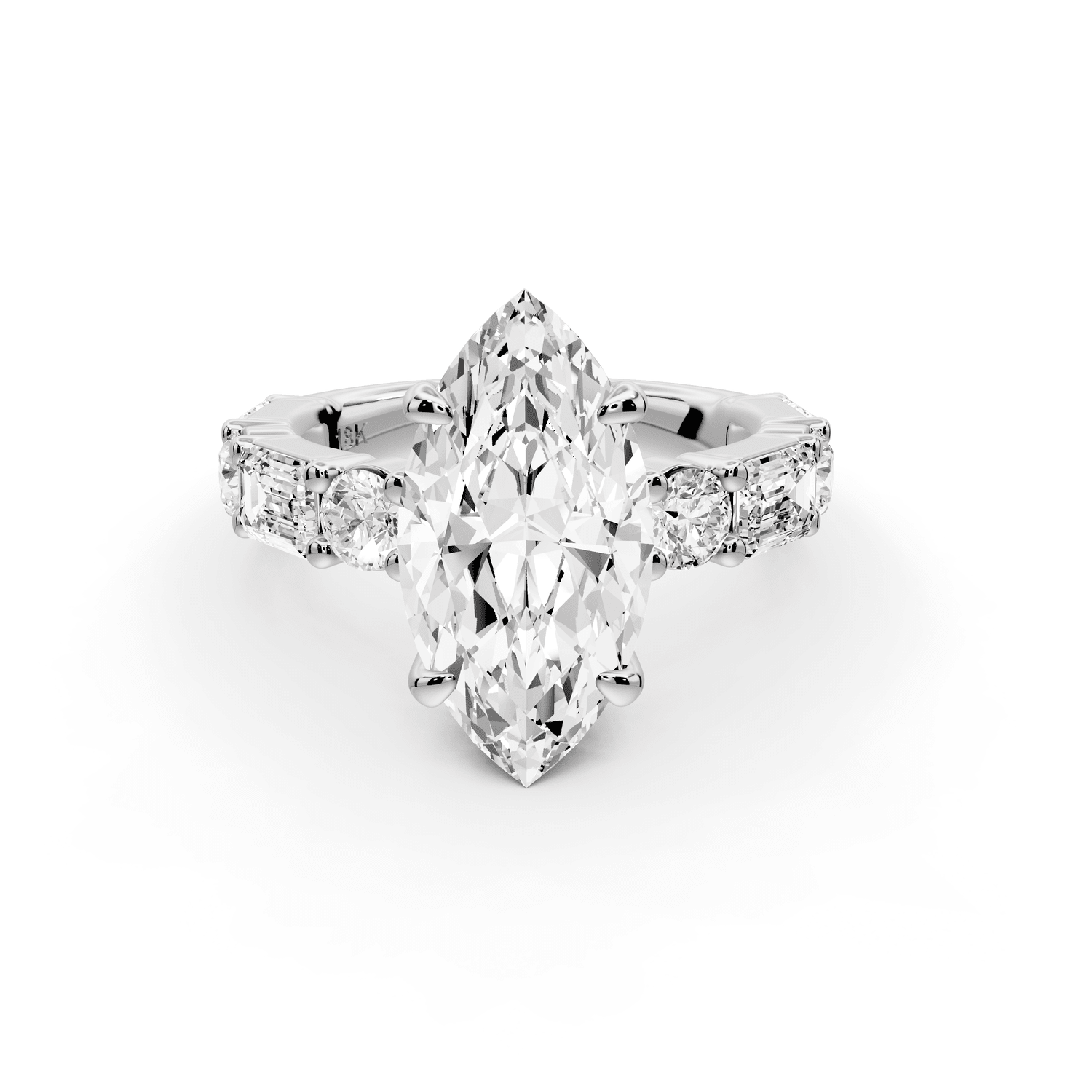 Juliette - 3ct 18k white gold marquise with Alternating Round and Emerald 8 - Stone Band Engagement Ring - Mr. Alex Jewelry