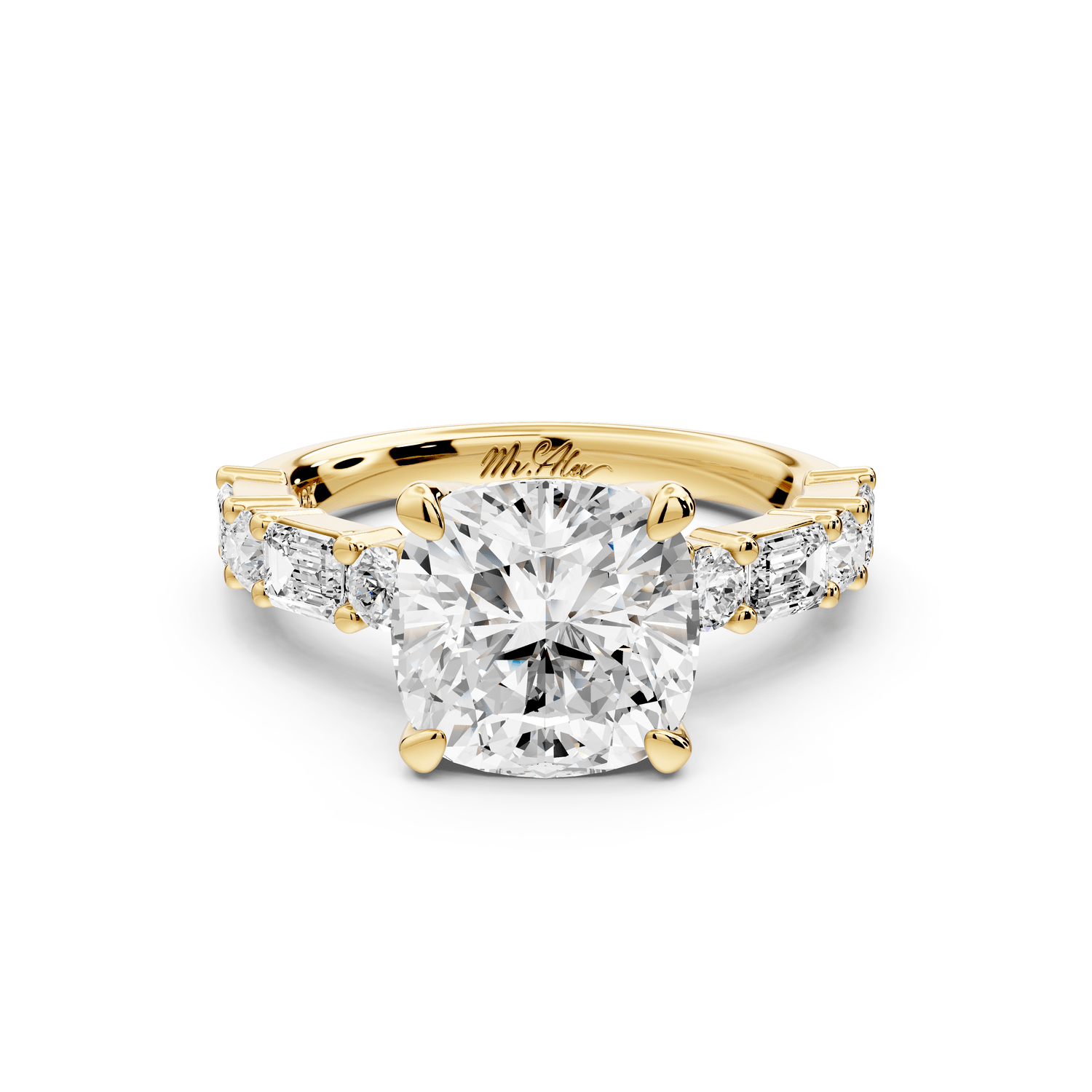Juliette - 3ct 18k yellow gold cushion with Alternating Round and Emerald 8 - Stone Band Engagement Ring - Mr. Alex Jewelry