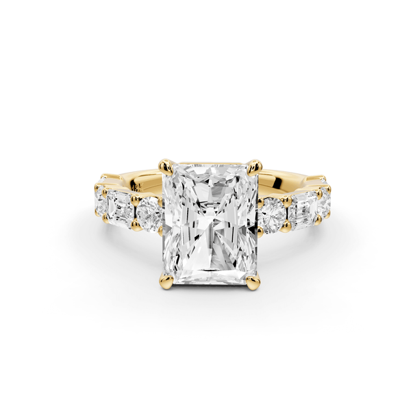 Juliette - 3ct 18k yellow gold emerald with Alternating Round and Emerald 8 - Stone Band Engagement Ring - Mr. Alex Jewelry