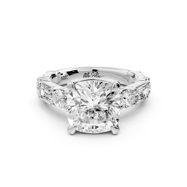 Juliette - 4ct 14k white gold cushion with Alternating Round and Emerald 8 - Stone Band Engagement Ring - Mr. Alex Jewelry